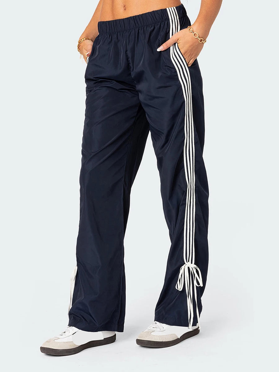 Y2k Baggy Side Striped Sweatpants Women Bow Straight Pants Hip Hop Streetwear Harajuku Trousers Joggers Bottoms Korean Clothing