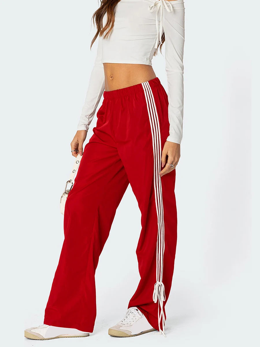 Y2k Baggy Side Striped Sweatpants Women Bow Straight Pants Hip Hop Streetwear Harajuku Trousers Joggers Bottoms Korean Clothing