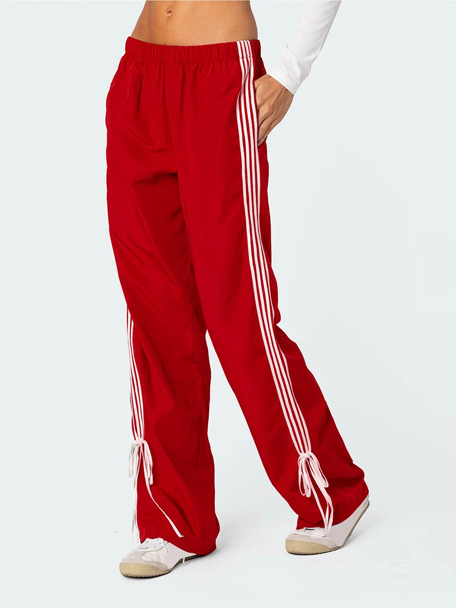 Y2k Baggy Side Striped Sweatpants Women Bow Straight Pants Hip Hop Streetwear Harajuku Trousers Joggers Bottoms Korean Clothing