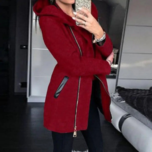 Autumn Winter Fashion Women Coat Solid Color Zip up Long Sleeve Hooded Jacket Coat Outerwear Long Section Women's Coat