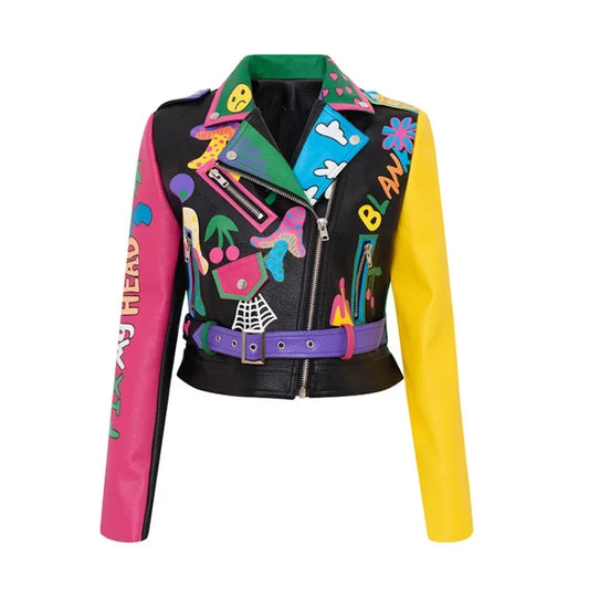 2023 New Skinny-looking Leather Women's Short Graffiti Printed Small Coat Pu Jacket Korean Motorcycle Suit Suit Collar Leather